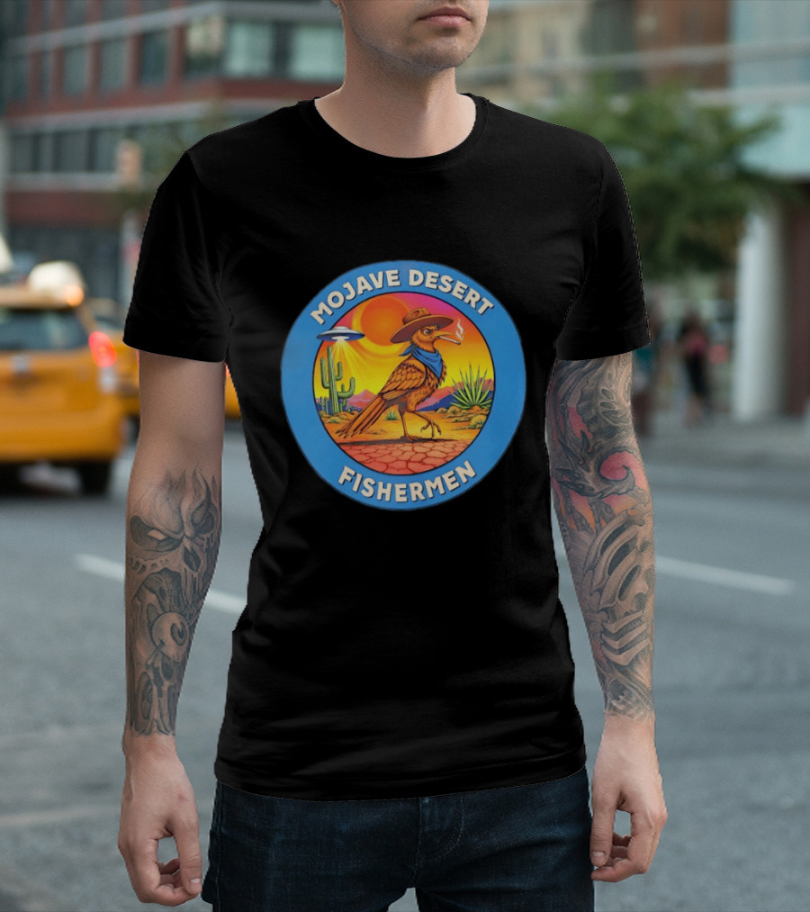 Mojave Desert Fishermen UFO Roadrunner Cowboy Sunset Cactus Circle T-Shirt