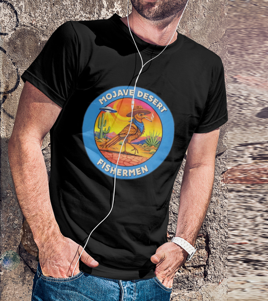 Mojave Desert Fishermen UFO Roadrunner Cowboy Sunset Cactus Circle T-Shirt