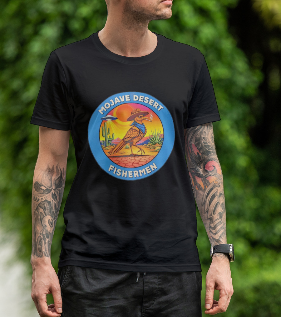 Mojave Desert Fishermen UFO Roadrunner Cowboy Sunset Cactus Circle T-Shirt