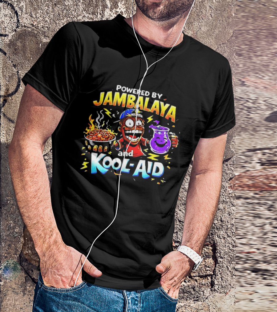Powered By Jambalaya And Kool Aid Bold Colors Cartoon Character Fun T-Shirt
