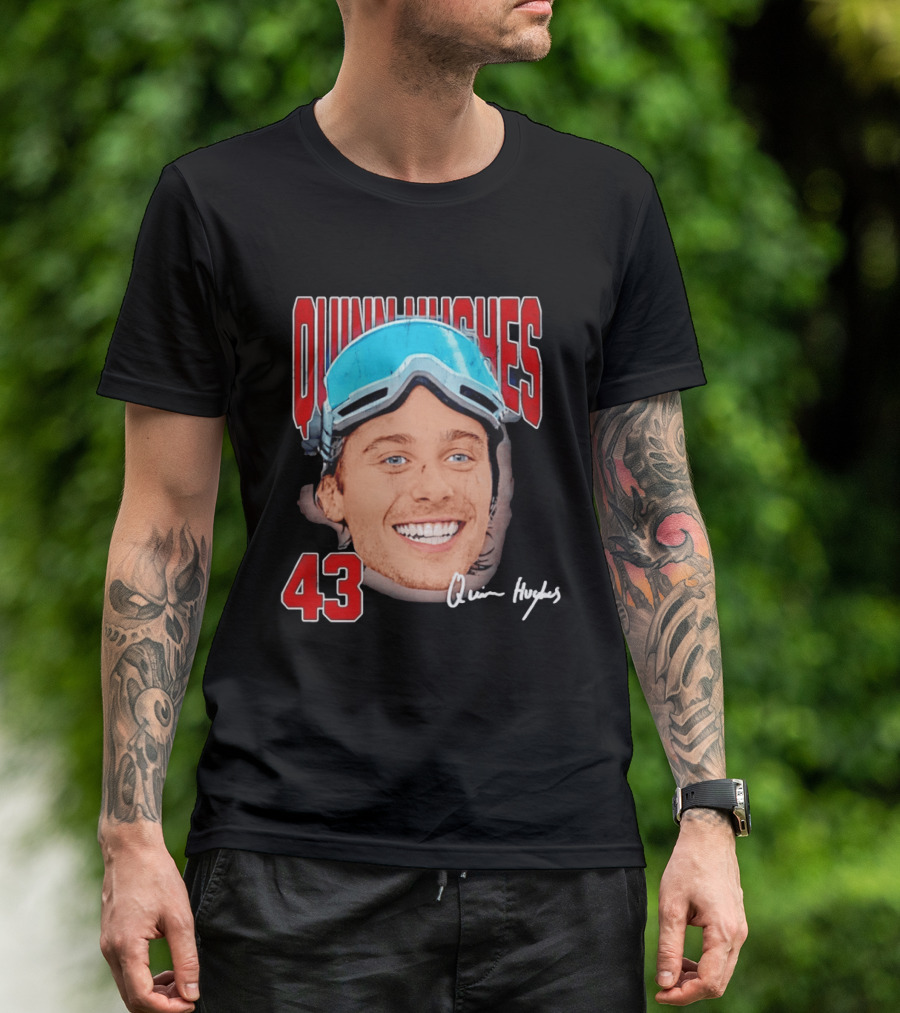 Quinn Hughes Big Head Goggles 43 Signature T-Shirt
