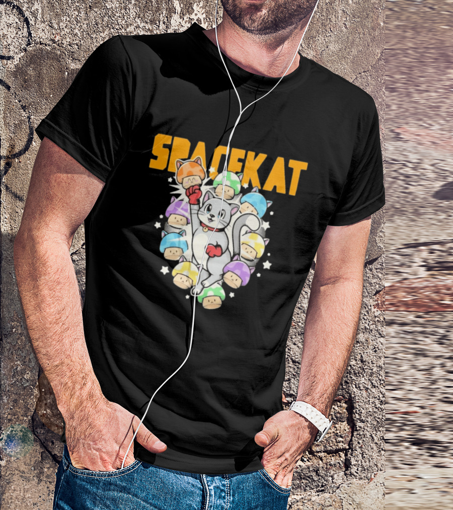 Spacekat Cat Surrounded By Colorful Mushroom Characters T-Shirt
