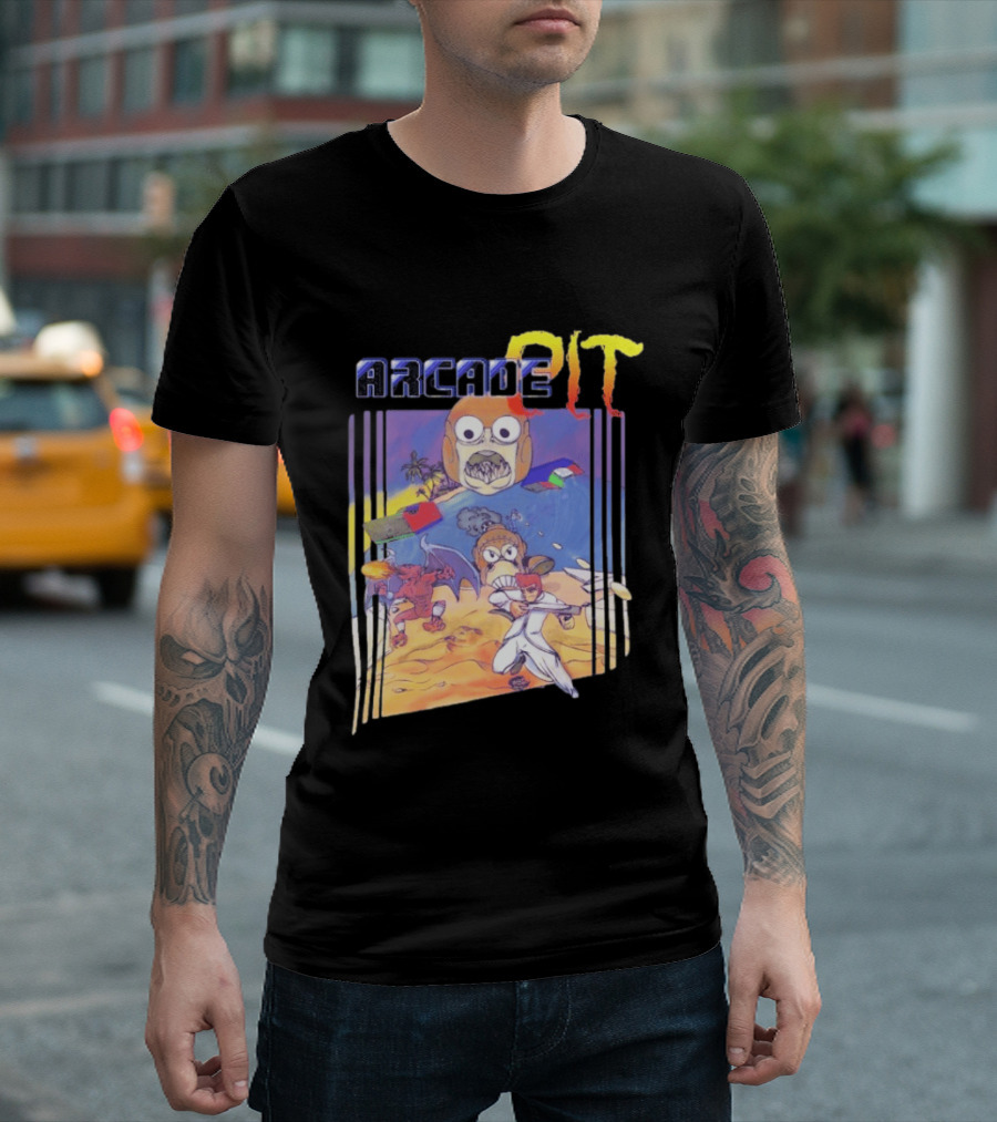 Arcade Pit Smight X Contra Characters And Cartoon Face Beach Scene T-Shirt