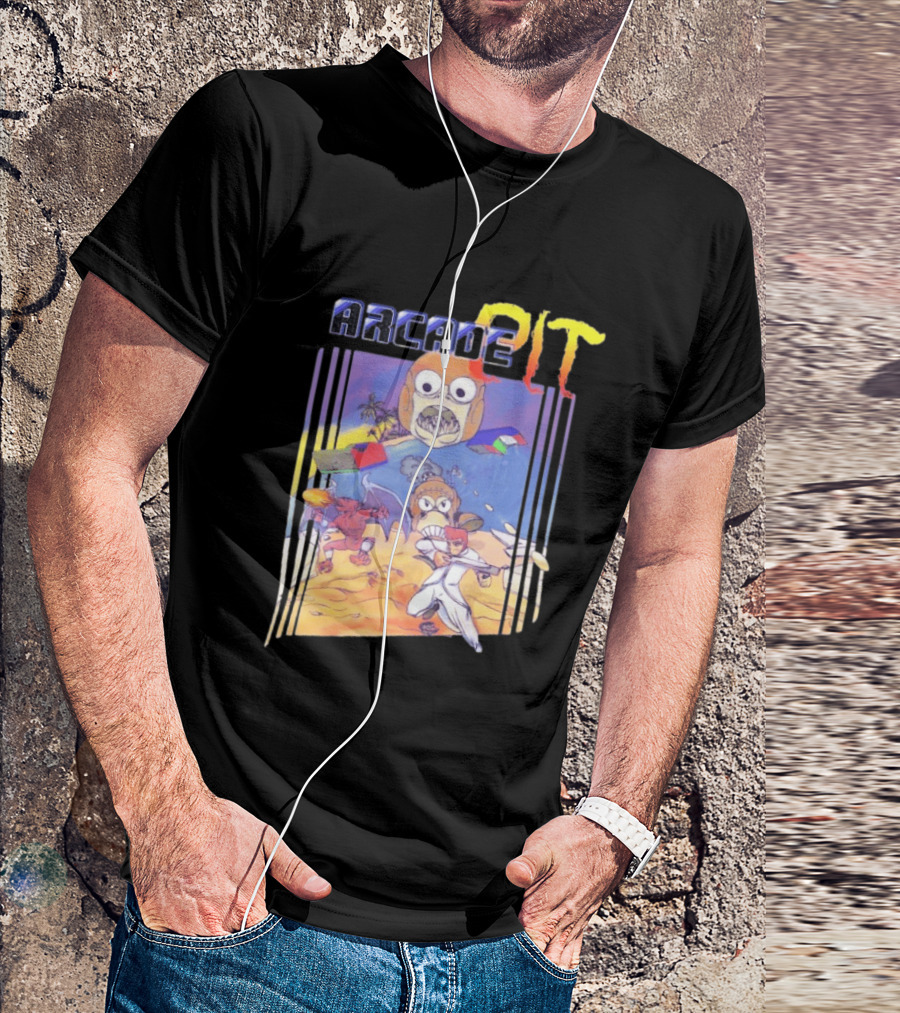 Arcade Pit Smight X Contra Characters And Cartoon Face Beach Scene T-Shirt