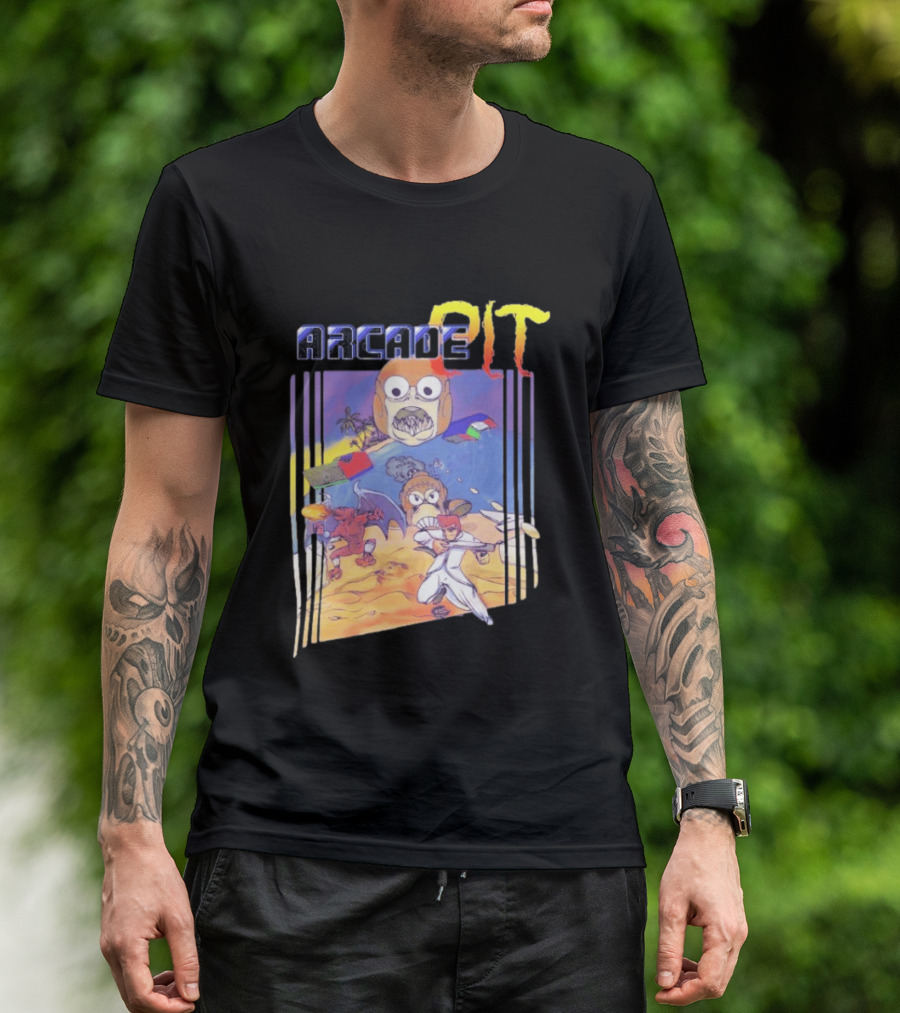 Arcade Pit Smight X Contra Characters And Cartoon Face Beach Scene T-Shirt
