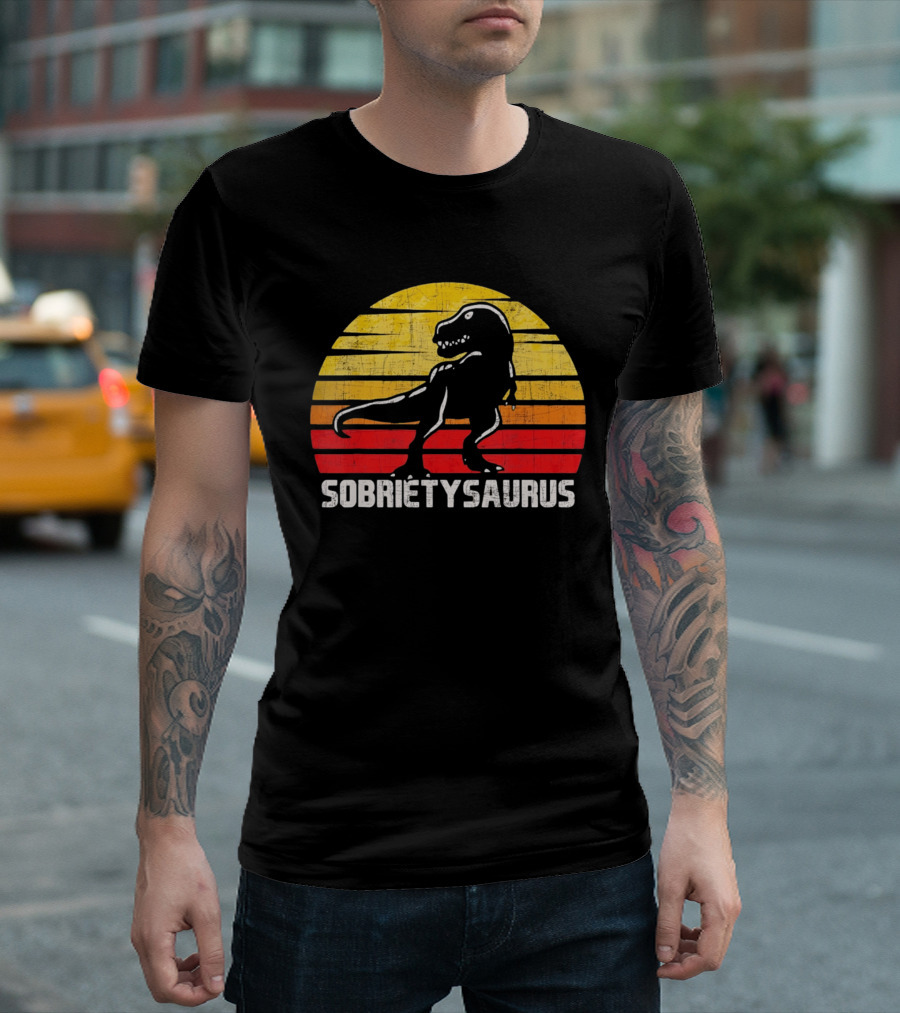 Sober Sobrietysaurus Sobriety Anniversary Recovery Rex Sunset T-Shirt