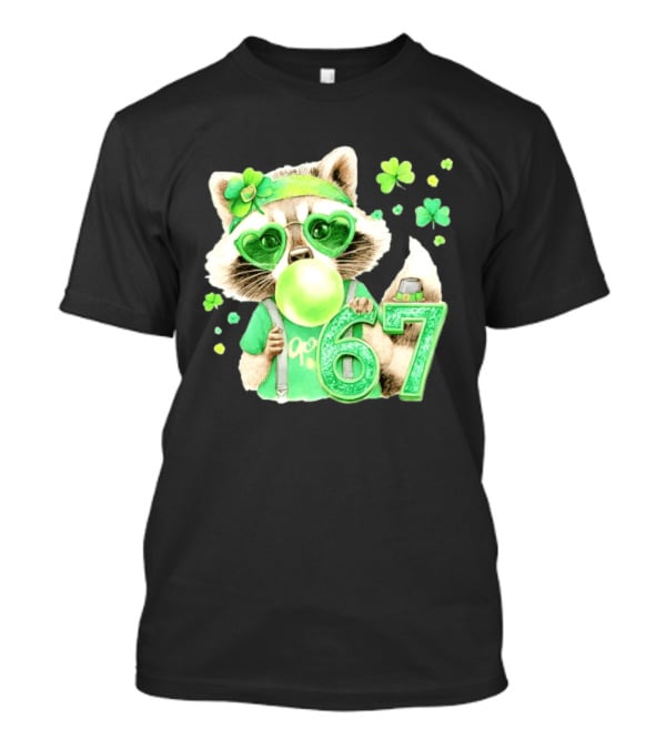 St Patrick's Day Raccoon With Shamrock Heart Glasses And 67 Bubblegum T-Shirt