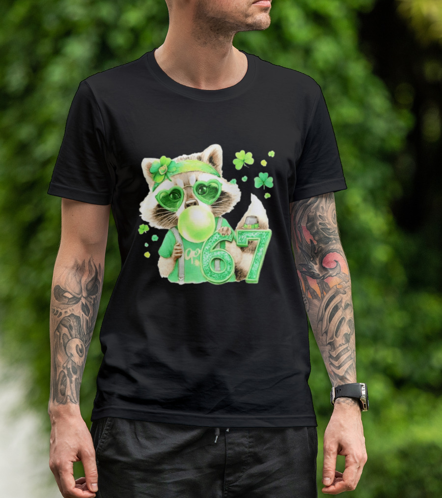 St Patrick's Day Raccoon With Shamrock Heart Glasses And 67 Bubblegum T-Shirt