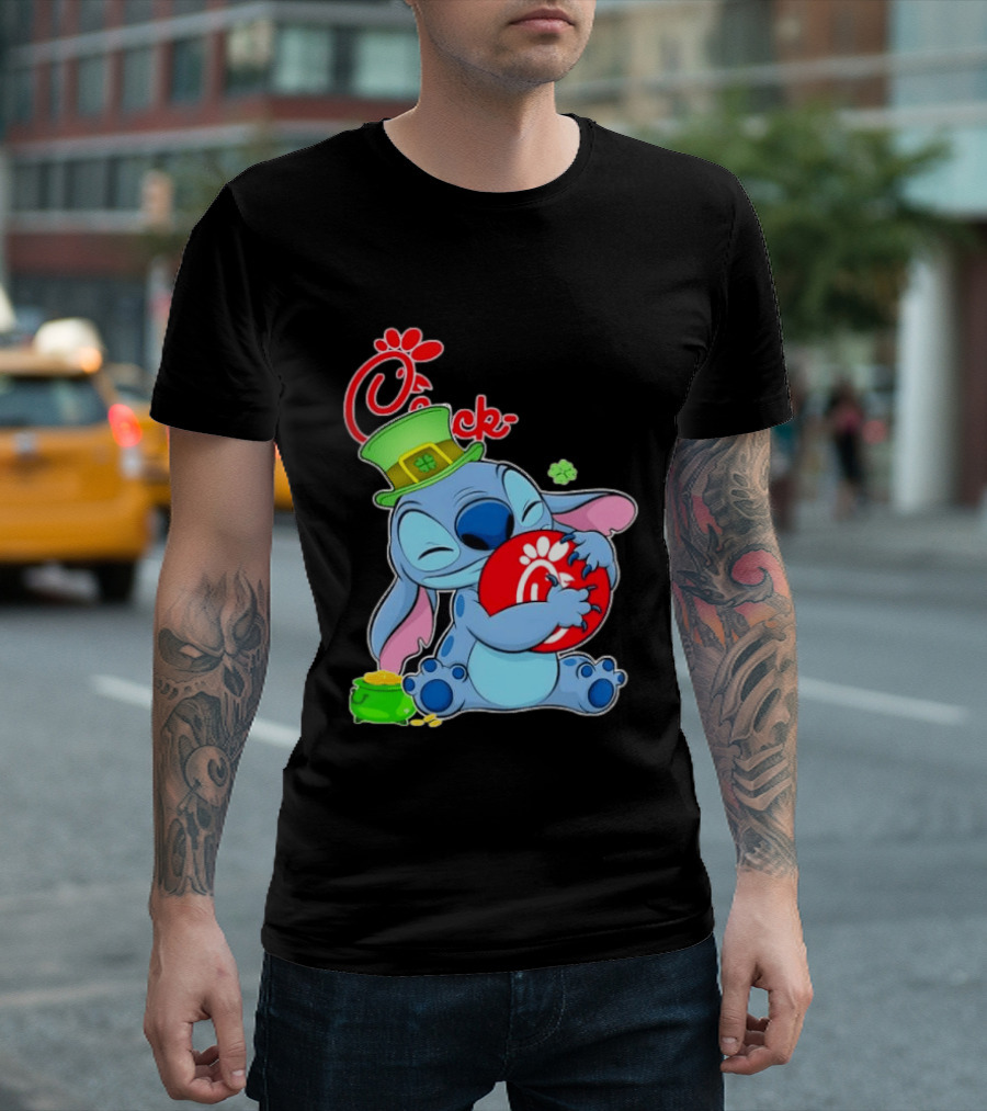 Stitch Holding Chick Fil A Logo With St. Patrick's Day Hat And Clover T-Shirt
