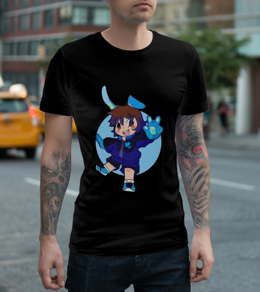 The8BitDrummer Bunny Blue Heart Cartoon Character With Bunny Ears And Sneakers T-Shirt