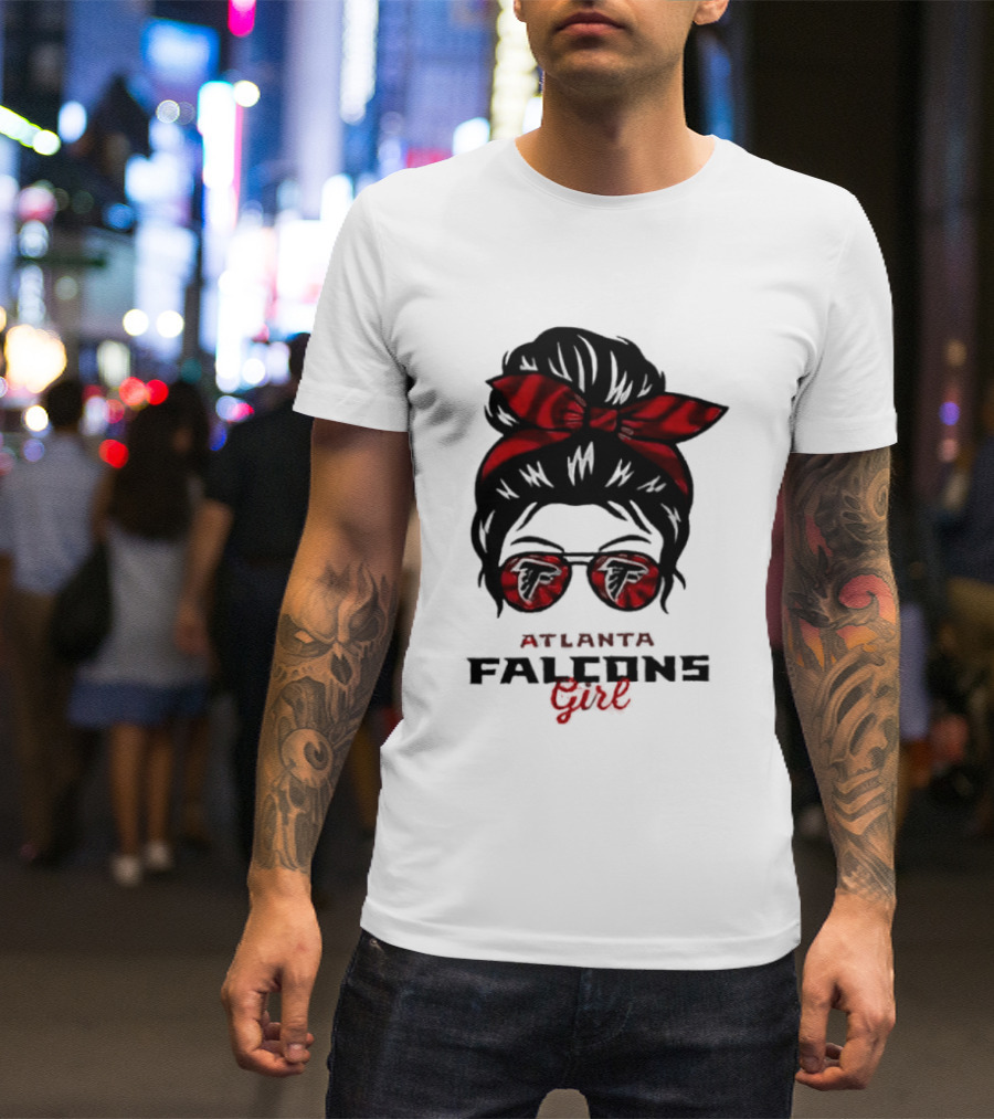 Atlanta Falcons Girl Messy Bun 2026 Bow Sunglasses T-Shirt