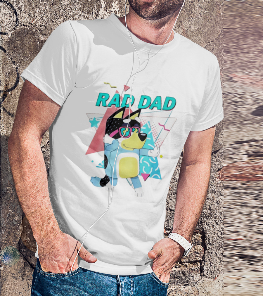 Blue Dog Rad Dad Retro Vibes With Sunglasses And Geometric T-Shirt