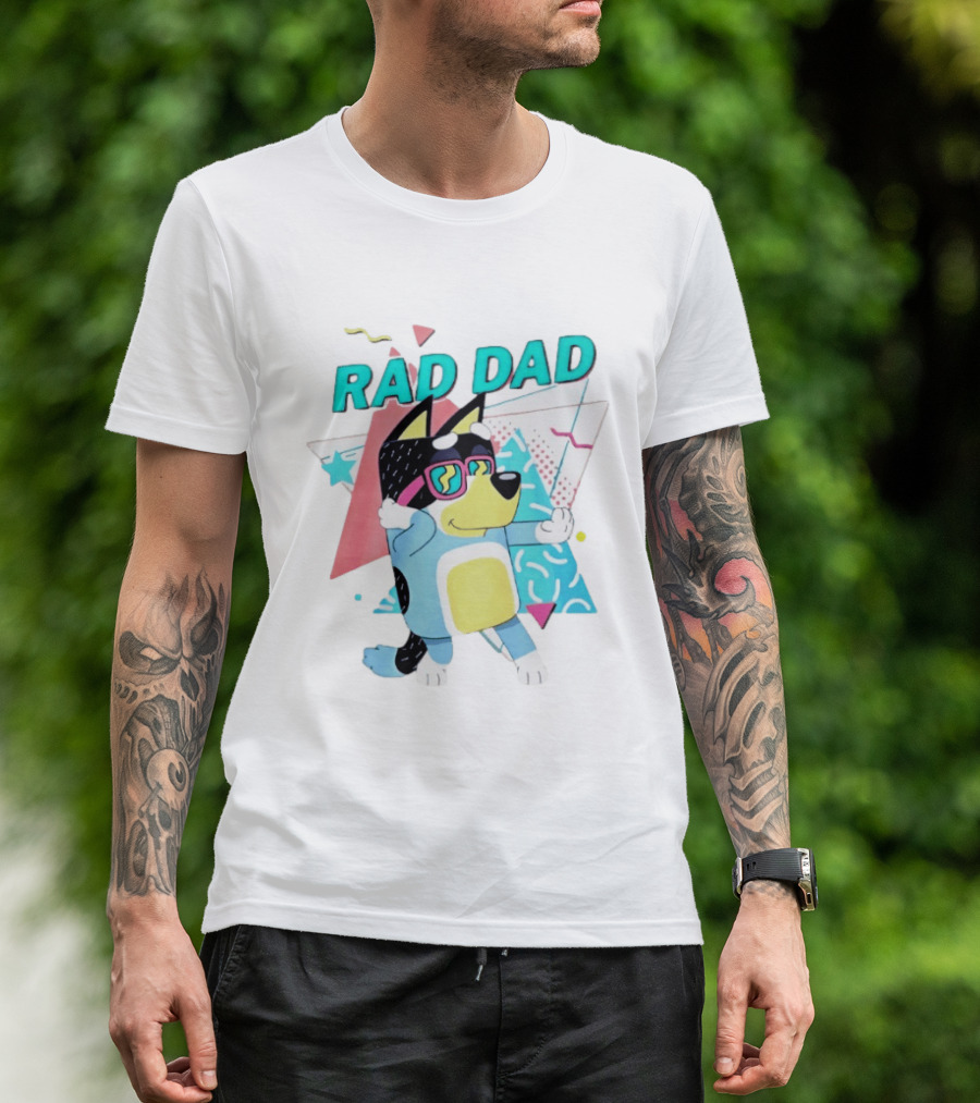 Blue Dog Rad Dad Retro Vibes With Sunglasses And Geometric T-Shirt