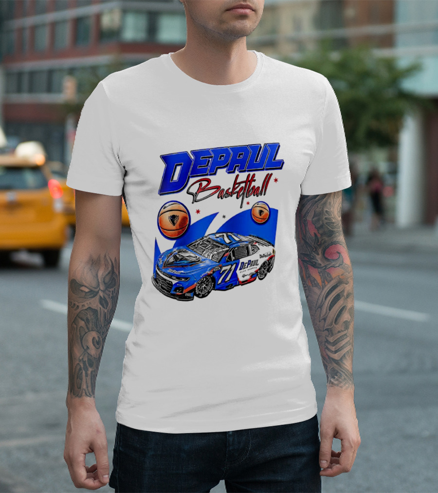 DePaul Basketball NASCAR Collaboration With Blue Race Car And Basketball T-Shirt
