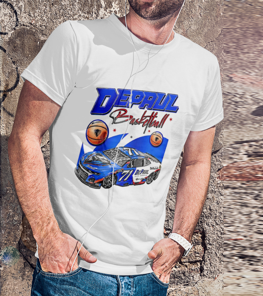 DePaul Basketball NASCAR Collaboration With Blue Race Car And Basketball T-Shirt