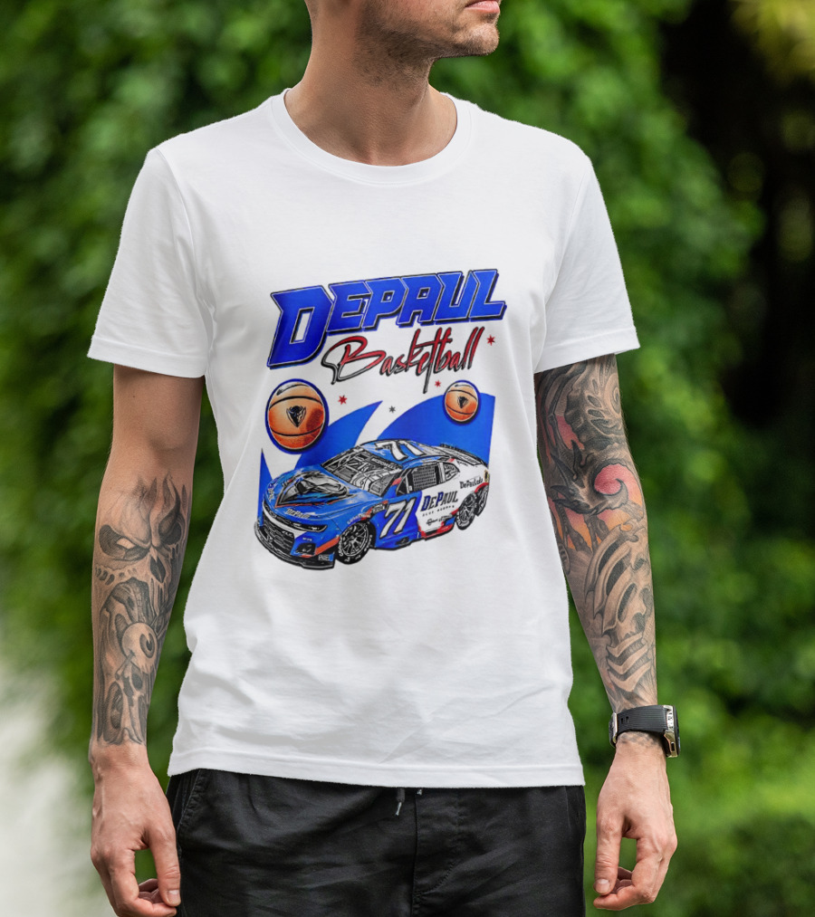 DePaul Basketball NASCAR Collaboration With Blue Race Car And Basketball T-Shirt
