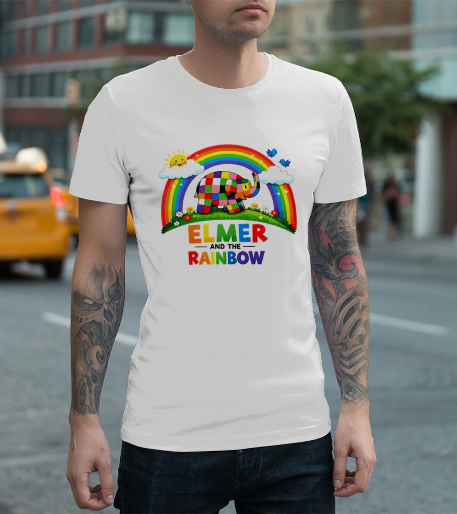 Elmer And The Rainbow Colorful Elephant With Sun And Birds T-Shirt