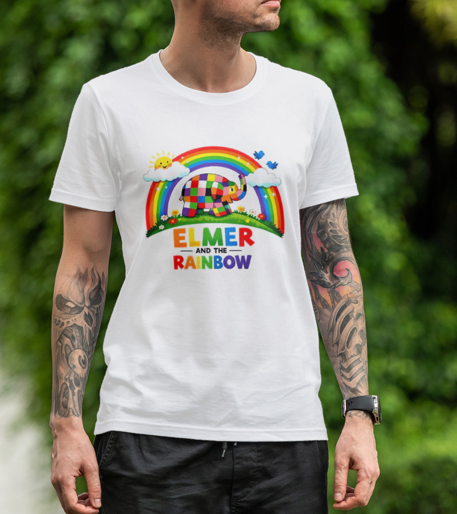 Elmer And The Rainbow Colorful Elephant With Sun And Birds T-Shirt