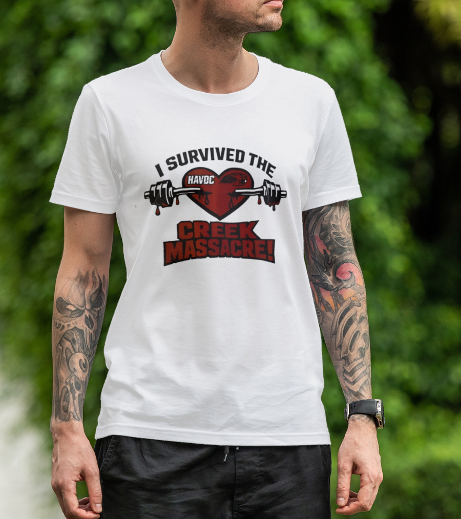 I Survived The Havoc Creek Massacre Heart Barbell Blood Gym Horror T-Shirt