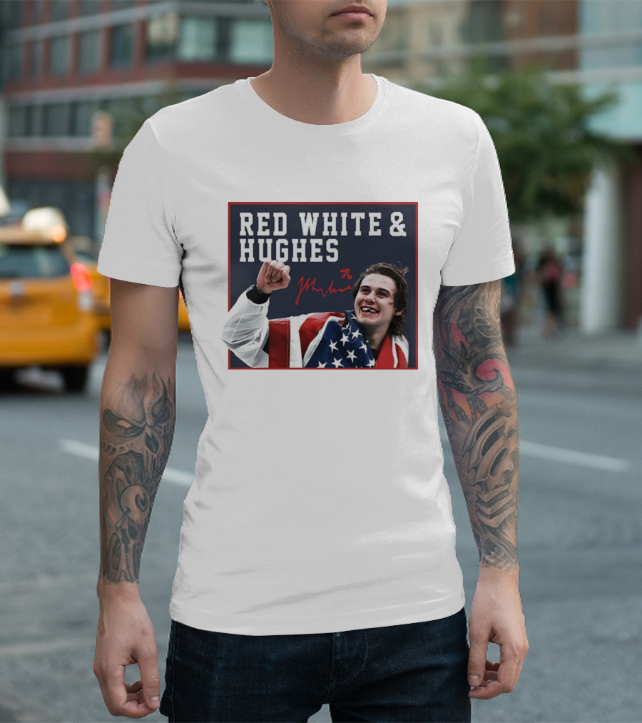 Red White & Hughes Jack Hughes USA Hockey 2026 Golden Goal T-Shirt