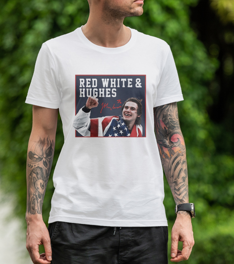 Red White & Hughes Jack Hughes USA Hockey 2026 Golden Goal T-Shirt