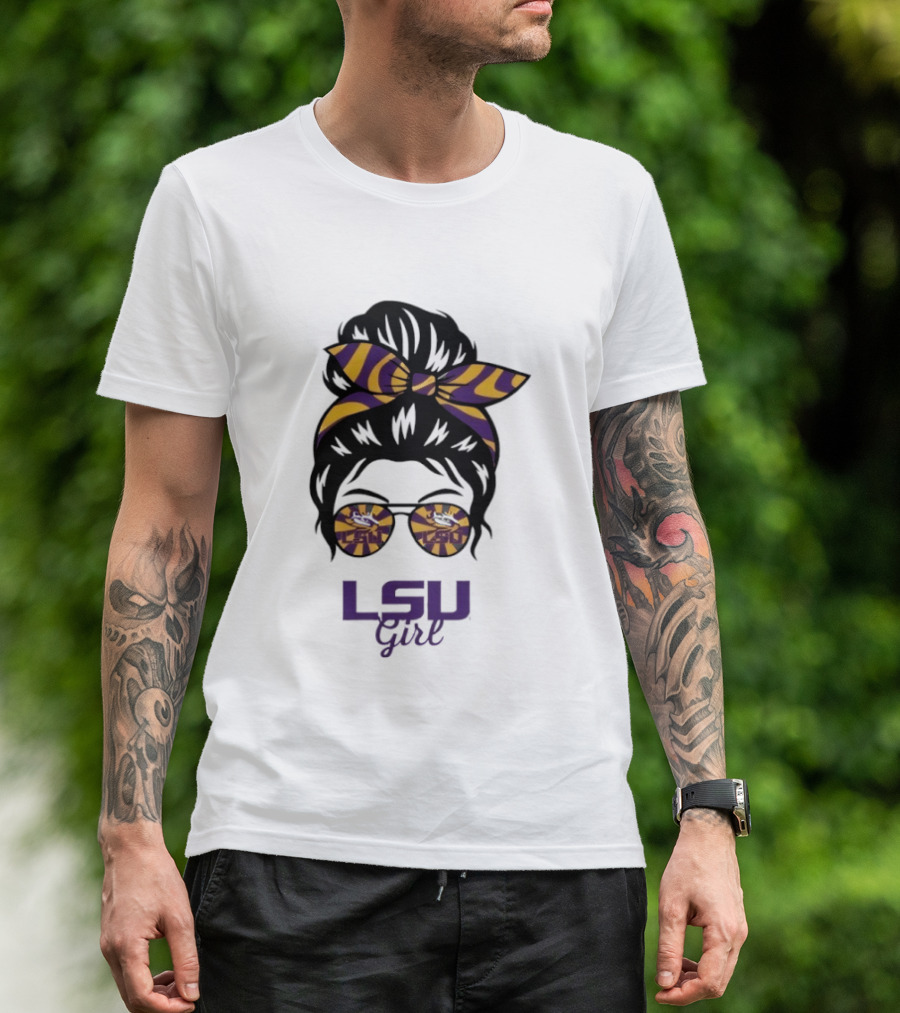 LSU Tigers Girl Purple Yellow Stripes Messy Bun Glasses T-Shirt