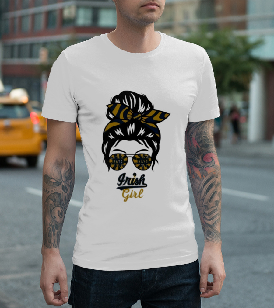 Notre Dame Irish Girl Messy Bun ND Glasses Bow T-Shirt