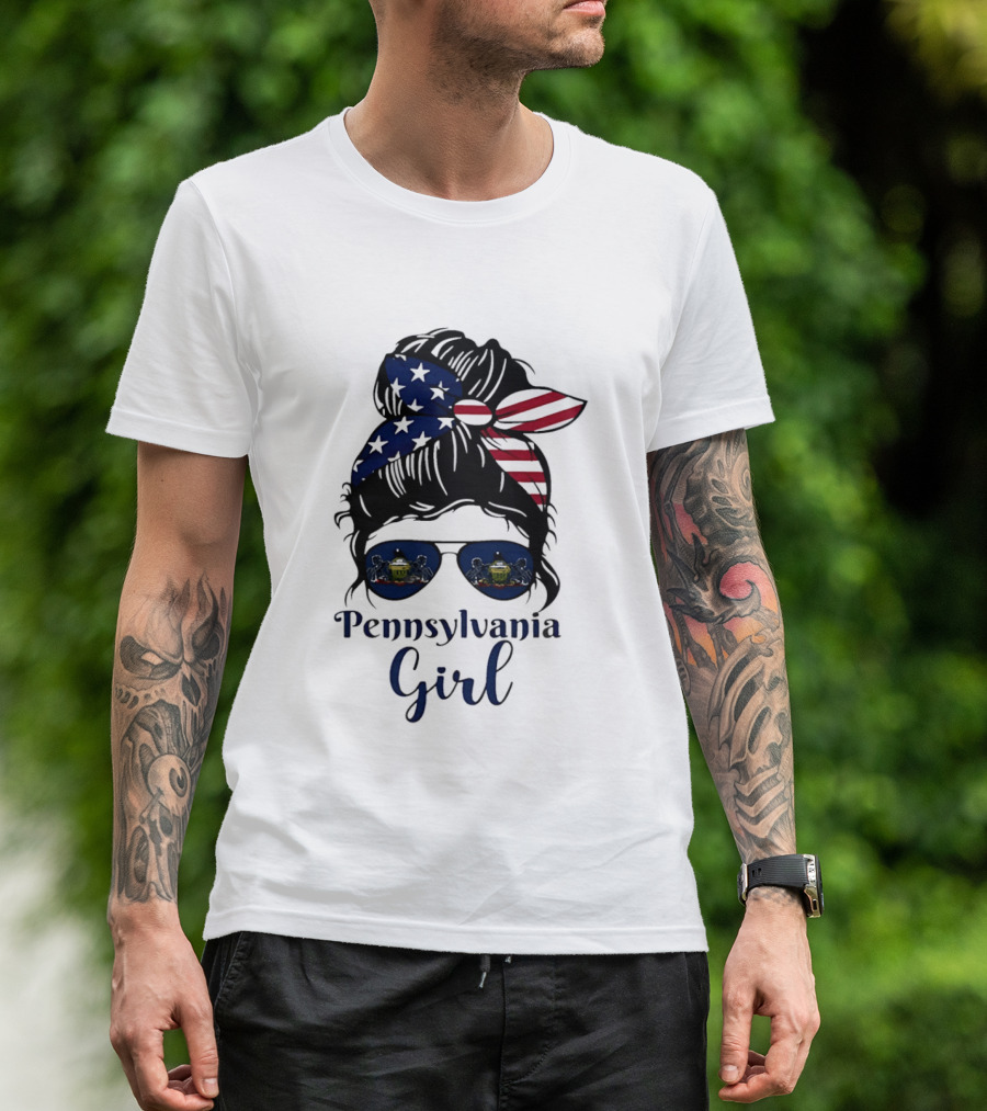 Pennsylvania Girl Messy Bun American Flag Bandana Sunglasses T-Shirt