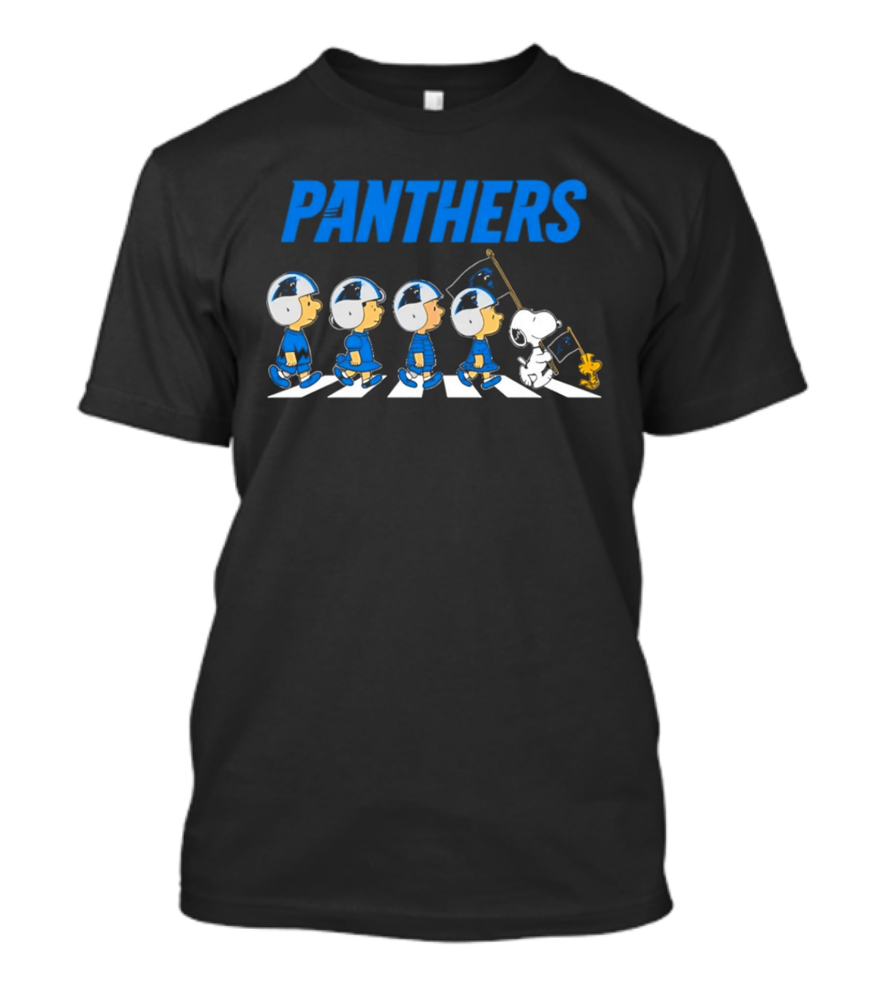Peanuts Carolina Panthers Football Characters Walking With Flag T-Shirt