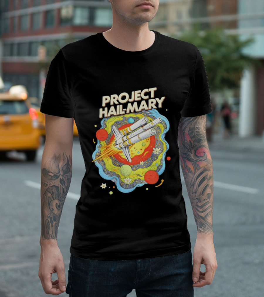 Project Hail Mary Rocket Launching Through Colorful Space Planets T-Shirt