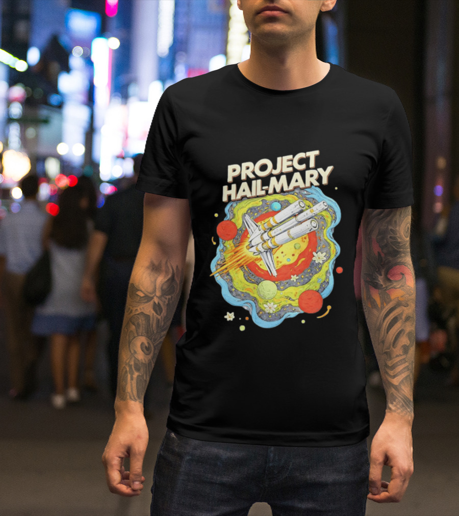 Project Hail Mary Rocket Launching Through Colorful Space Planets T-Shirt