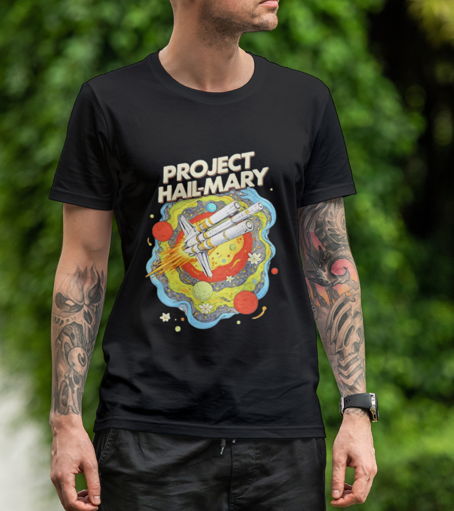 Project Hail Mary Rocket Launching Through Colorful Space Planets T-Shirt