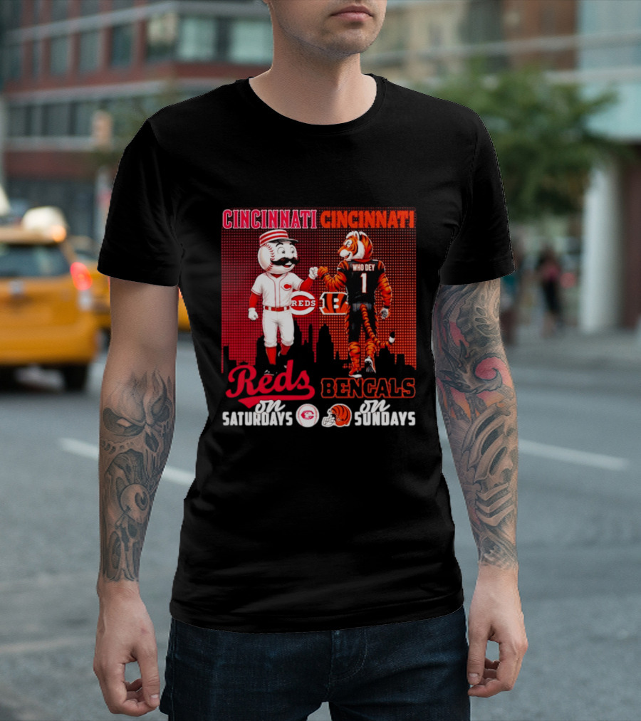 Cincinnati Reds Saturdays Vs Bengals Sundays City Mascots Skyline T-Shirt