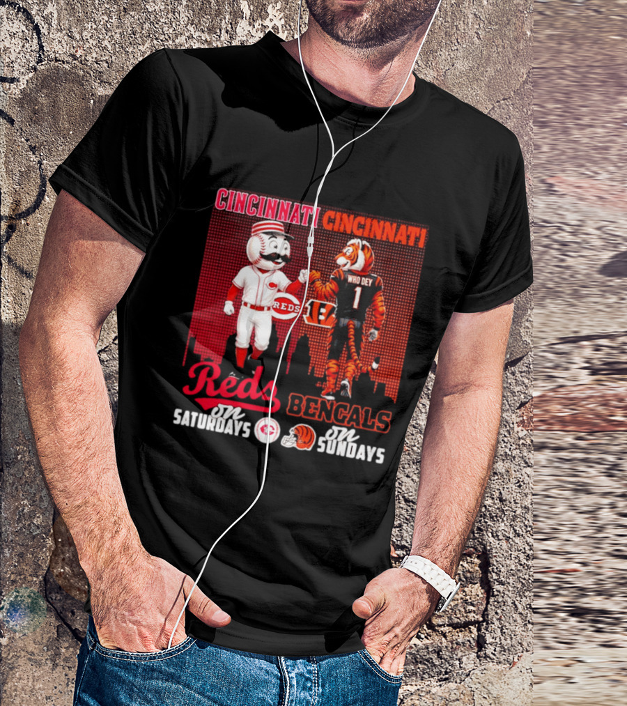 Cincinnati Reds Saturdays Vs Bengals Sundays City Mascots Skyline T-Shirt