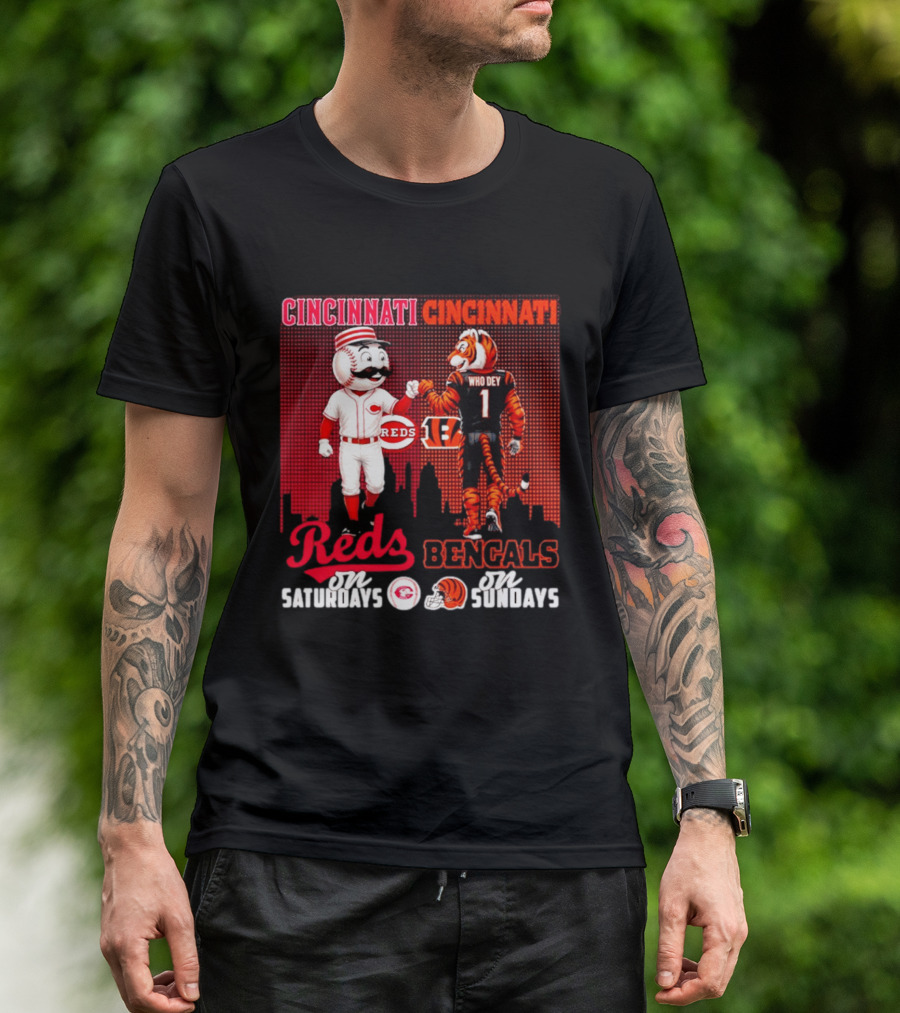 Cincinnati Reds Saturdays Vs Bengals Sundays City Mascots Skyline T-Shirt