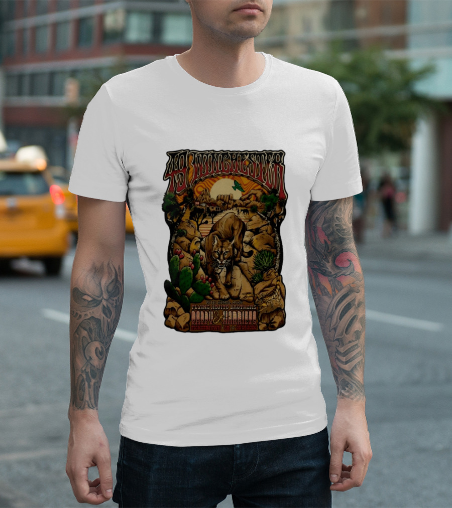 49 Winchester Pioneertown May 9 2026 Flying Mojito Brothers Pap Yu Harlins Cat Desert Scene T-Shirt