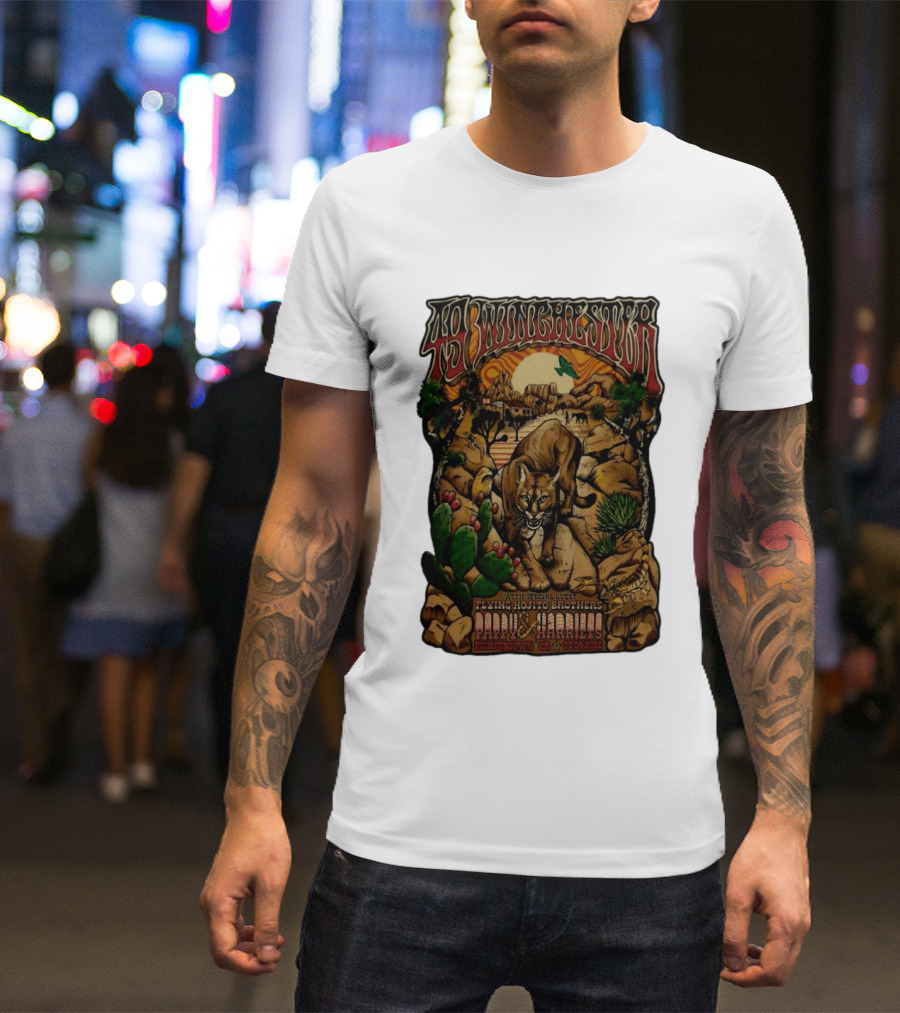 49 Winchester Pioneertown May 9 2026 Flying Mojito Brothers Pap Yu Harlins Cat Desert Scene T-Shirt