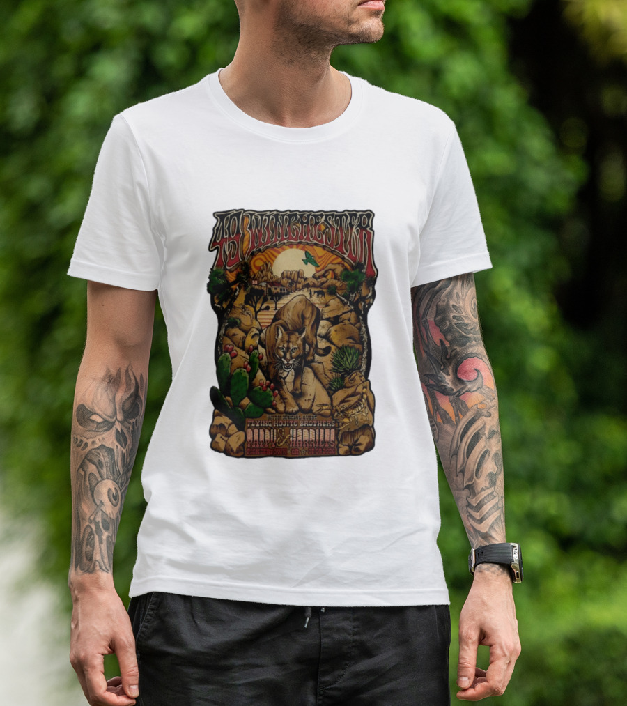 49 Winchester Pioneertown May 9 2026 Flying Mojito Brothers Pap Yu Harlins Cat Desert Scene T-Shirt
