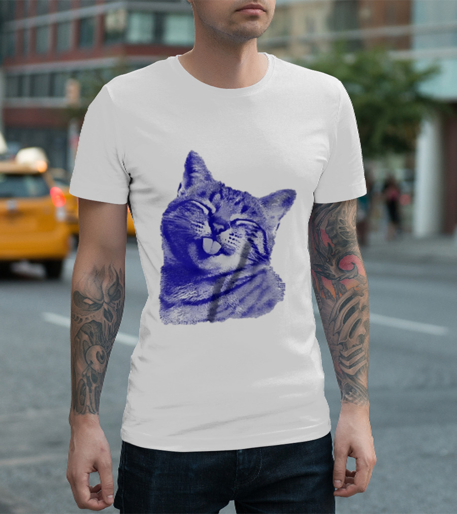 Playful Cat Sticking Out Tongue In Blue Tint T-Shirt