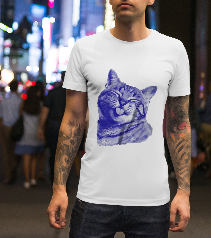 Playful Cat Sticking Out Tongue In Blue Tint T-Shirt