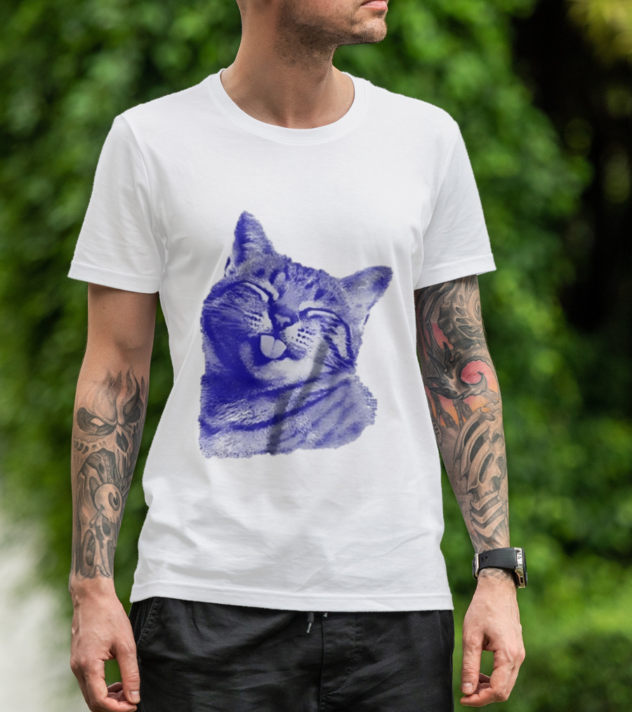 Playful Cat Sticking Out Tongue In Blue Tint T-Shirt