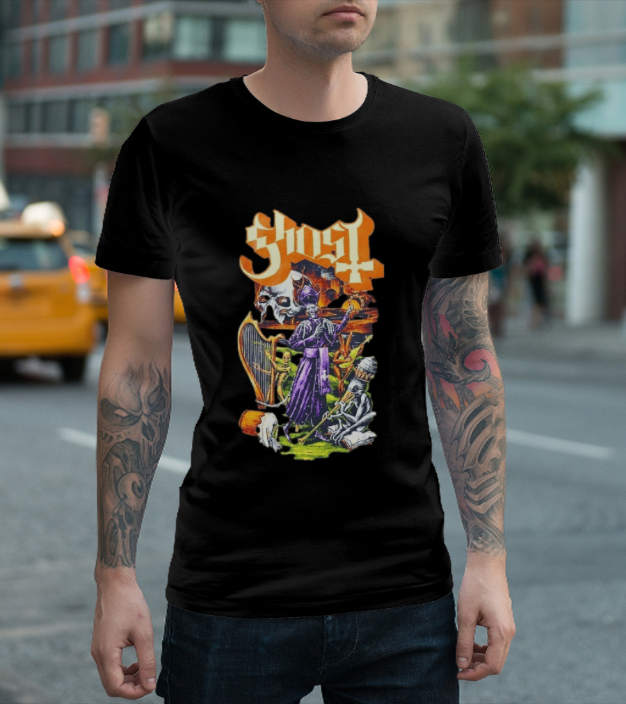 Ghost Band Gothic Horror Pope With Ghouls And Harp T-Shirt