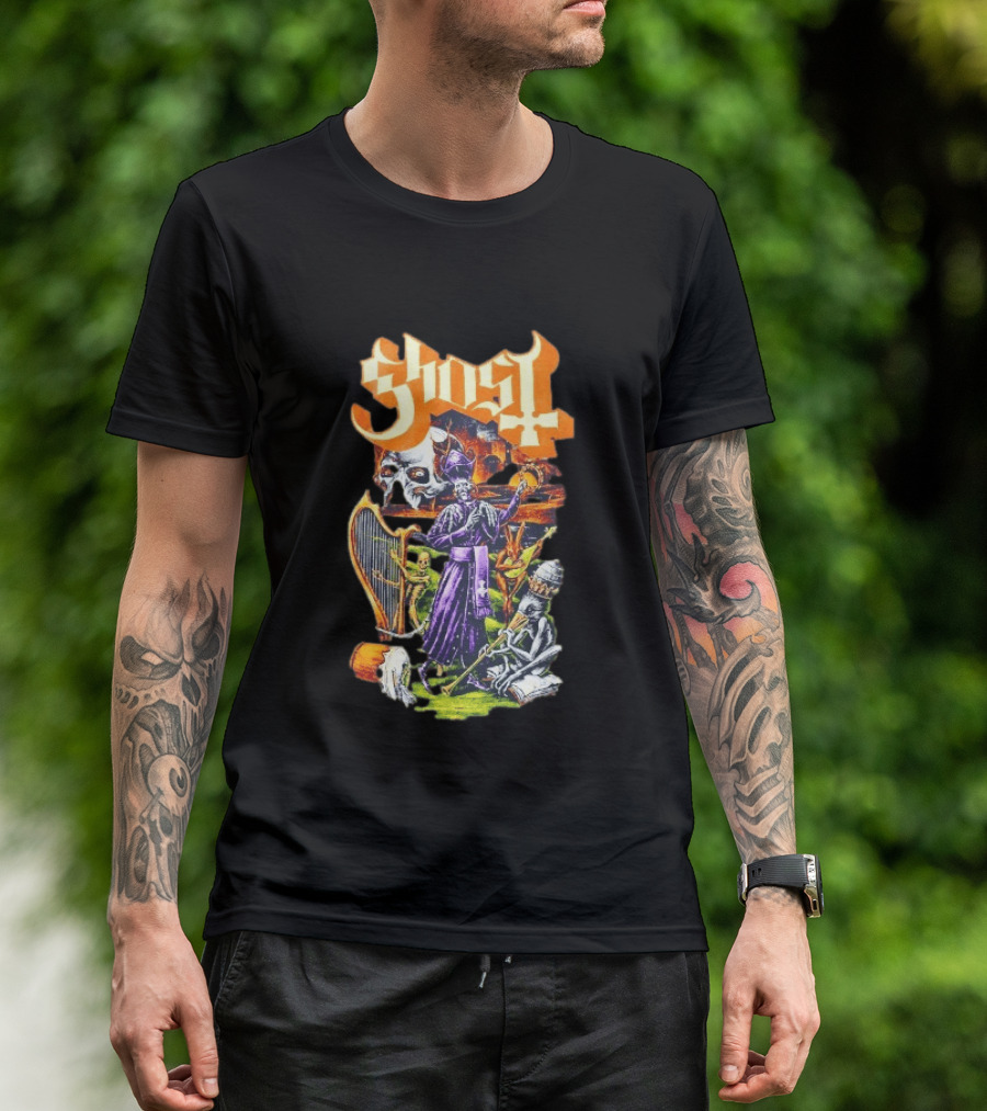 Ghost Band Gothic Horror Pope With Ghouls And Harp T-Shirt