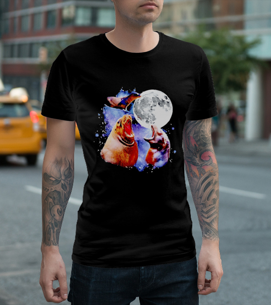 Sea Lion Trio Howling At The Moon In Outer Space Scene T-Shirt