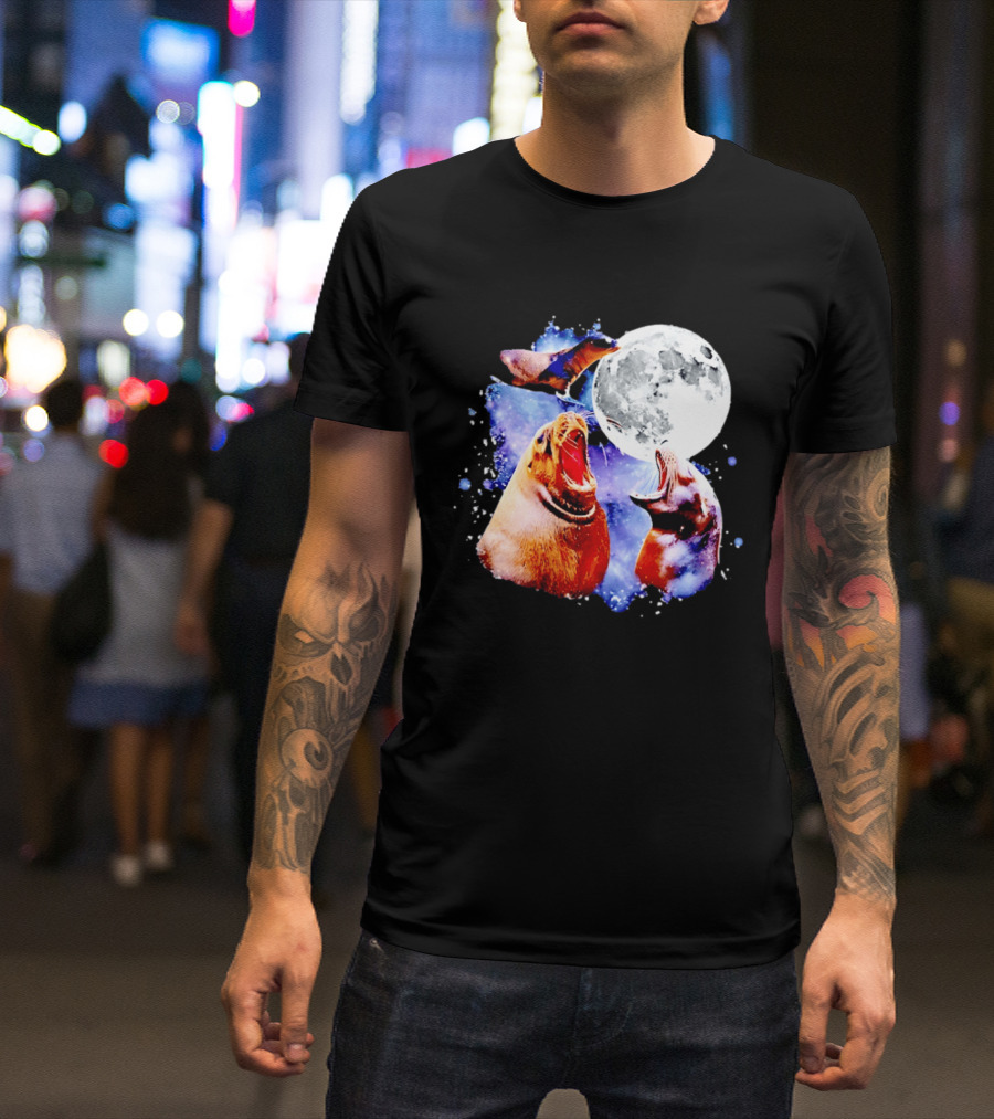 Sea Lion Trio Howling At The Moon In Outer Space Scene T-Shirt