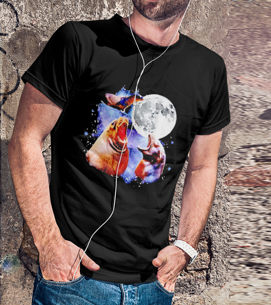 Sea Lion Trio Howling At The Moon In Outer Space Scene T-Shirt