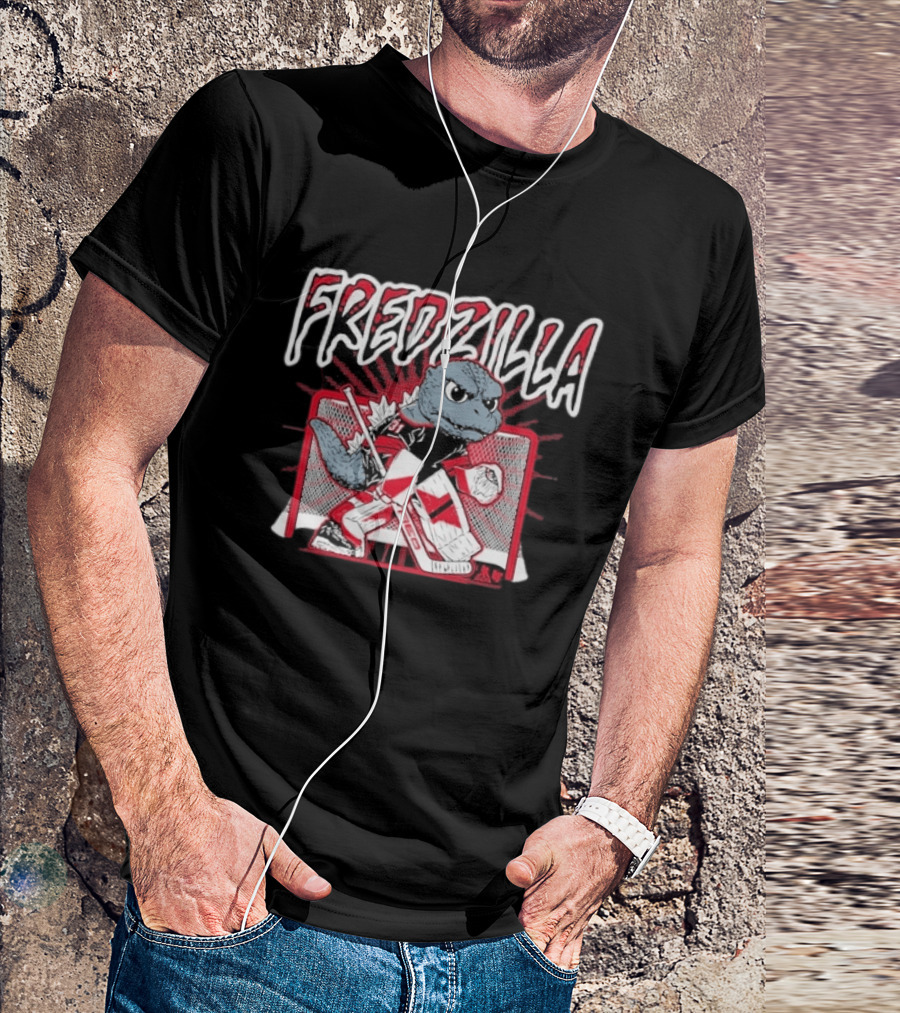 FredZilla Hockey Goalie Monster Art With Equipment And Net T-Shirt