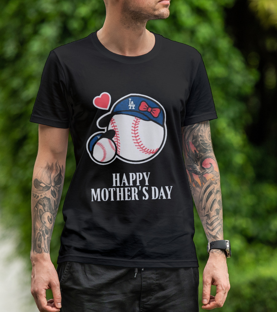Happy Mother's Day 2026 LA Baseball Red Bow Heart T-Shirt