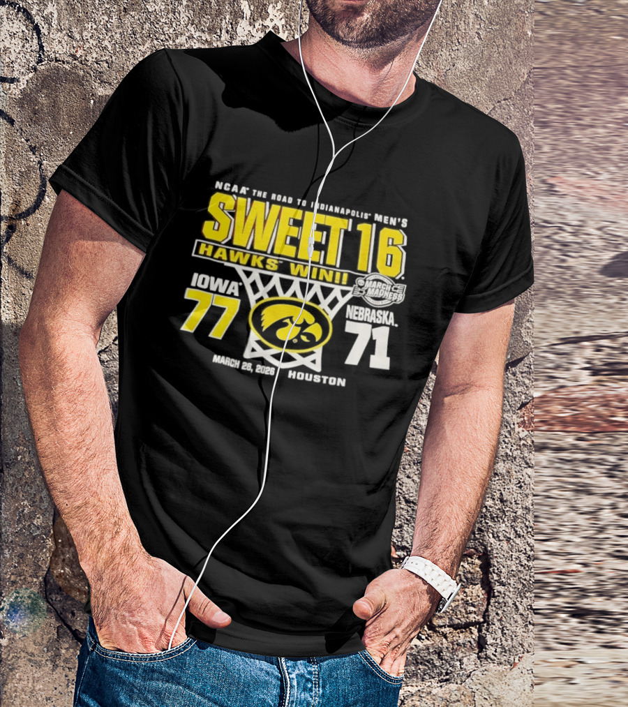 NCAA March Madness The Road To Indianapolis Men's Sweet 16 Hawks Win Iowa 77 Nebraska 71 March 25 1989 Houston T-Shirt
