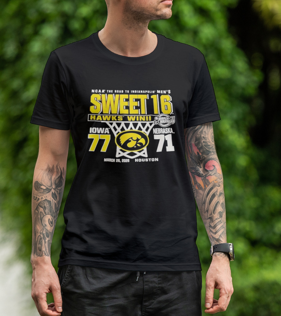NCAA March Madness The Road To Indianapolis Men's Sweet 16 Hawks Win Iowa 77 Nebraska 71 March 25 1989 Houston T-Shirt